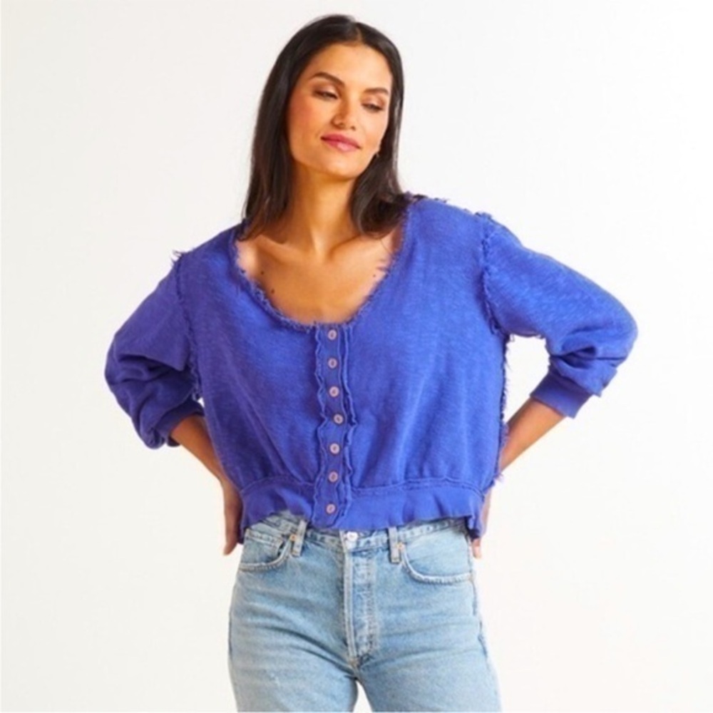 We the Free Golden Road Cardigan Cropped Asymetrical Cotton Boho Royal Blue M